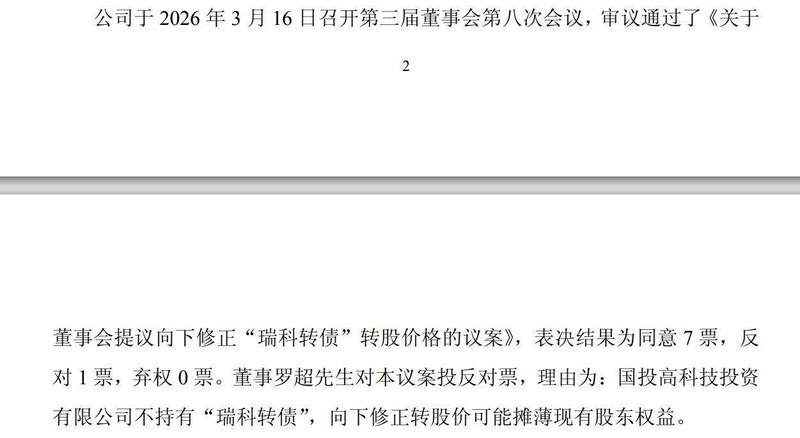  瑞华泰“瑞科转债”下修议案引发争议；第二大股东董事投反对票，强调权益摊薄隐忧。 股票财经 瑞华泰“瑞科转债”下修议案引发争议；第二大股东董事投反对票，强调权益摊薄隐忧。 股票财经